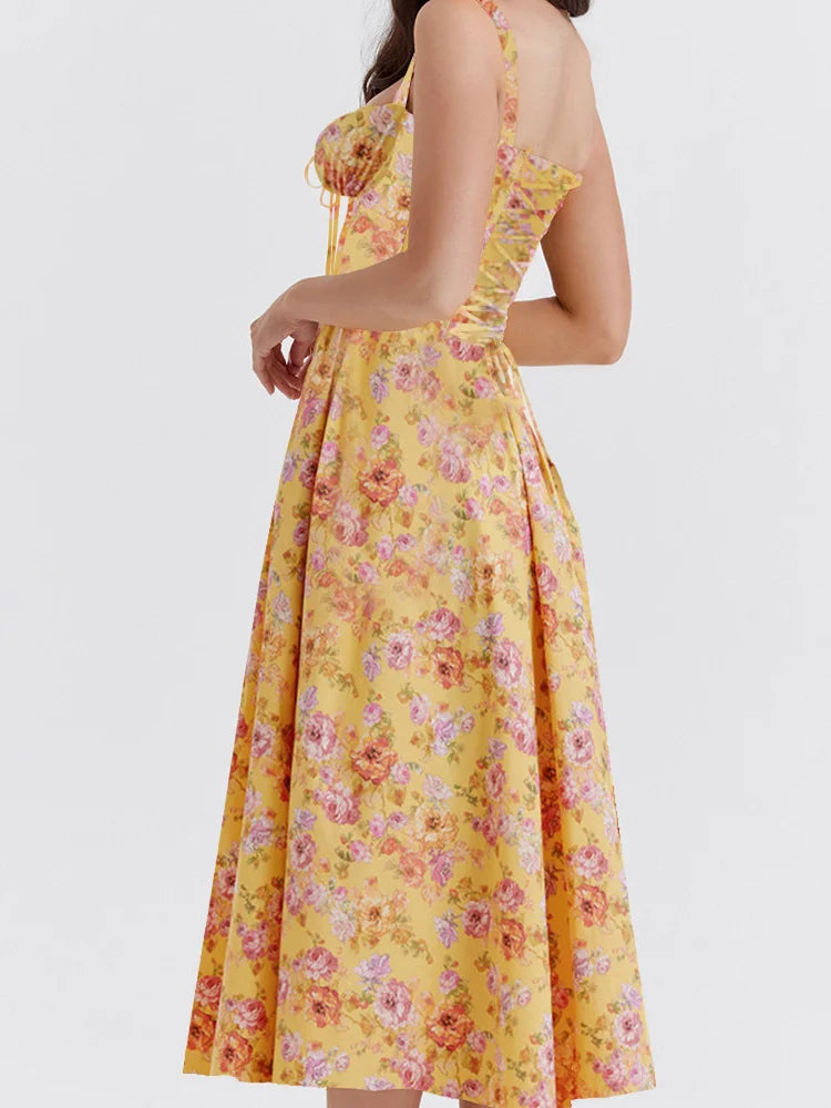 Ruched Sleeveless Strap Square Neck LaceUp High Split Midi Dress