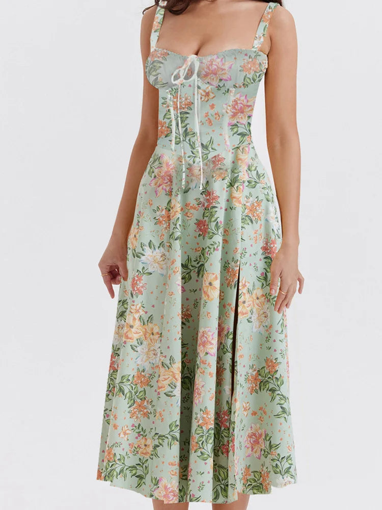 Ruched Sleeveless Strap Square Neck LaceUp High Split Midi Dress