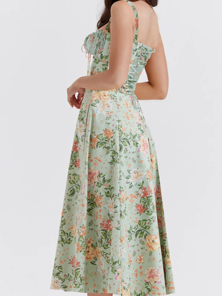 Ruched Sleeveless Strap Square Neck LaceUp High Split Midi Dress