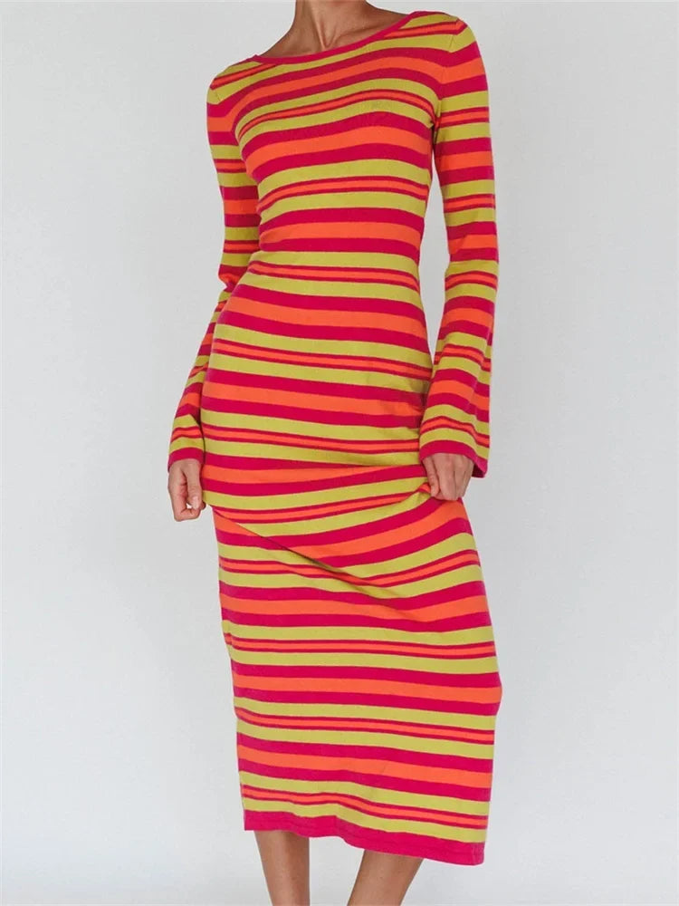 Sexy Women Knitted Sleeve Crew Neck Backless Tie-up Striped Print Slim Fit Spring Fall Vestidos