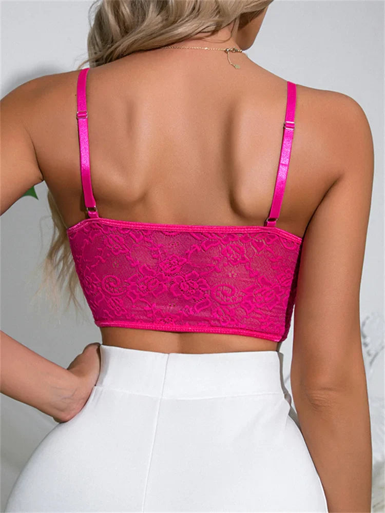 Sexy Women Lace Corsets Sleeveless Spaghetti Strap Front Buttons Up Ruffles Vneck Mini Vest Bustiers Crop Top