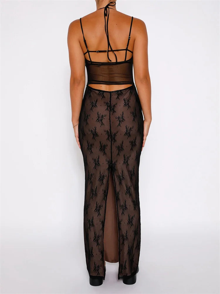 Sexy Women Lace Sleeveless Strap Sling Party Club Mesh See Through Hollow Out Slim Fit Vestidos