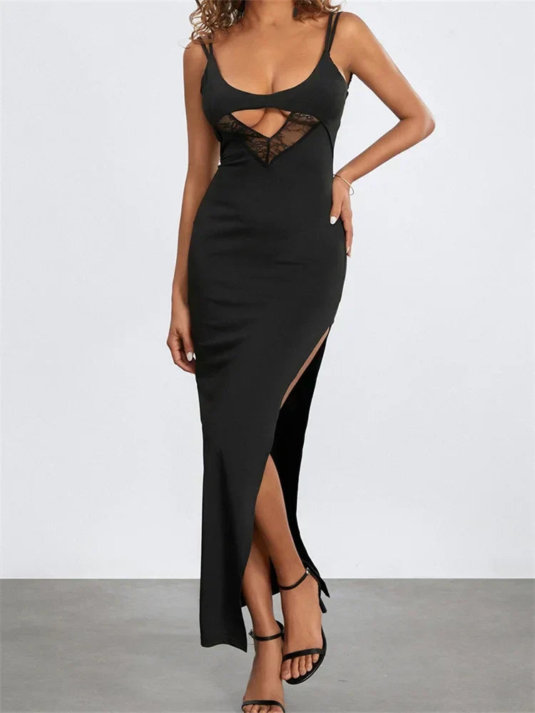 Sexy Women Summer Slim Sleeveless Lace Patchwork Low Cut Cutout Side High Split Party Vestido Black
