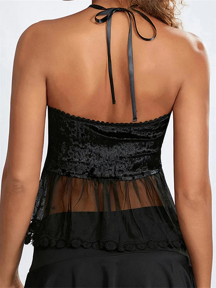Sexy Women Mesh Patchwork CrissCross TieUp Halter Backless Vest Summer Sleeveless Cropped Clubwear Crop Top