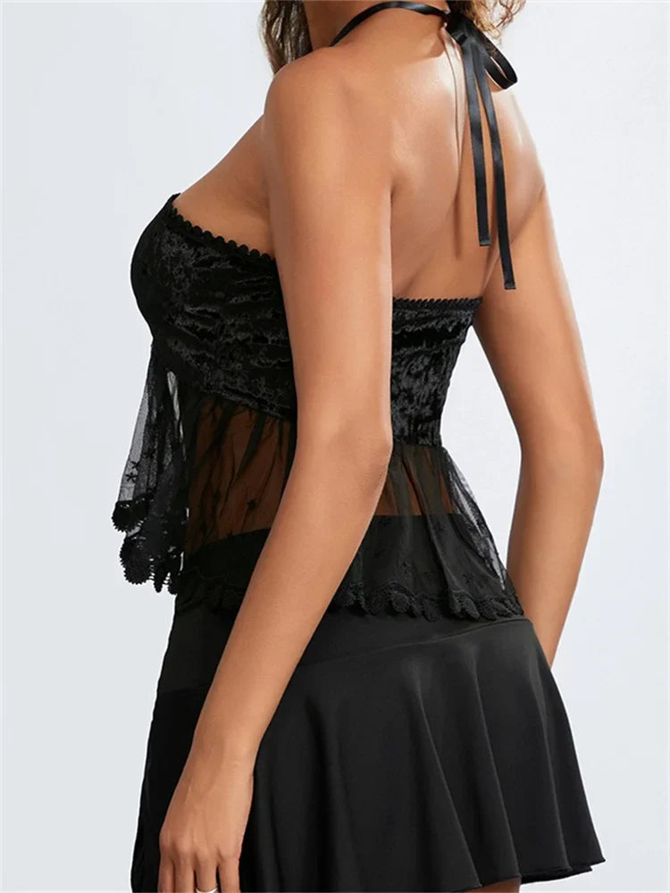 Sexy Women Mesh Patchwork CrissCross TieUp Halter Backless Vest Summer Sleeveless Cropped Clubwear Crop Top