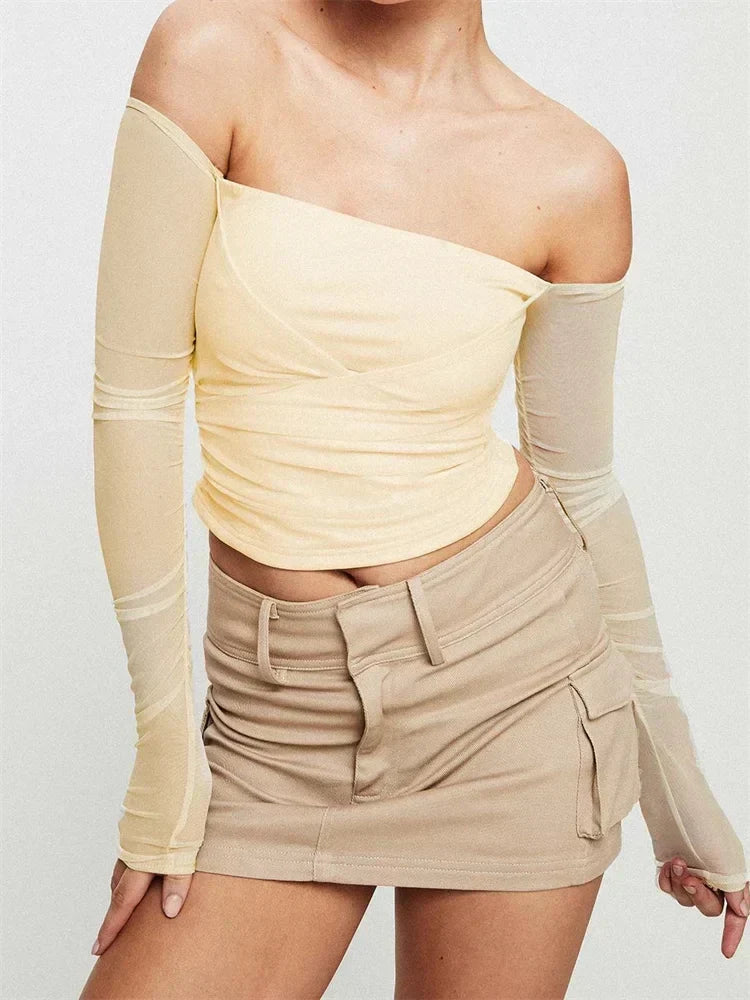 Slash Neck Off Shoulder Mesh See Through Long Sleevet-Shirts Beige / S