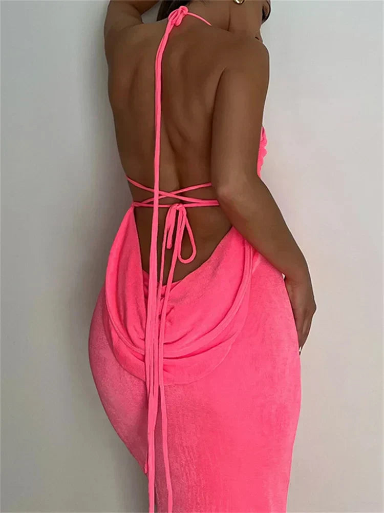 Sleeveless Backless Drawstring Hollow Out Sexy Split Summer Women Party Y2K Beach Vestidos Pink / S