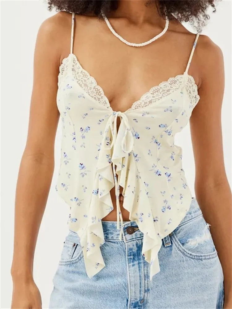Floral Print Lace Patchwork Vneck Front Split Tieup Ruffle Summer Strap Mini Crop Top