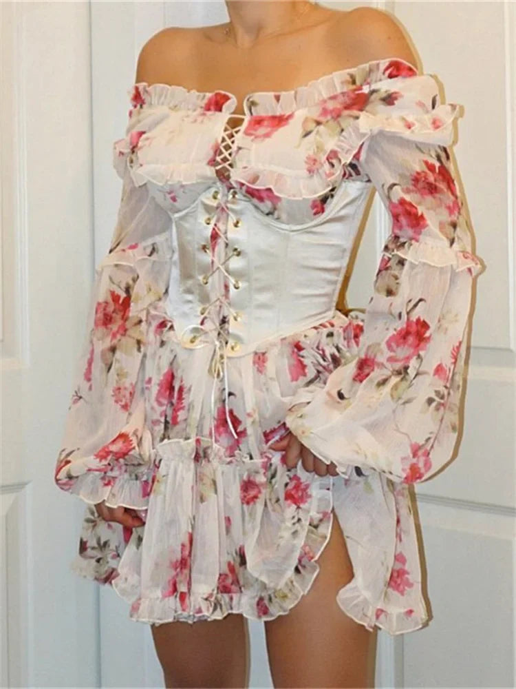 OffShoulder 3D Flowers Long Sleeve Mini Dresses