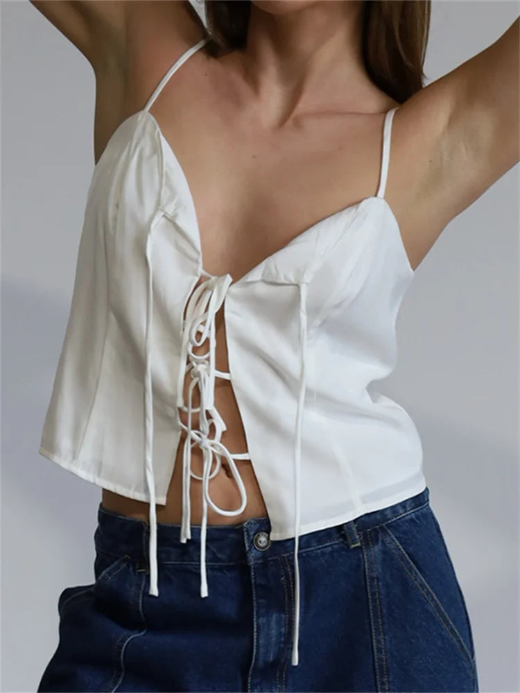 Vintage Women Front Split Tieup Fashion Sleeveless Strap V Neck Summer Party Low Cut Mini Vest Club Crop Top