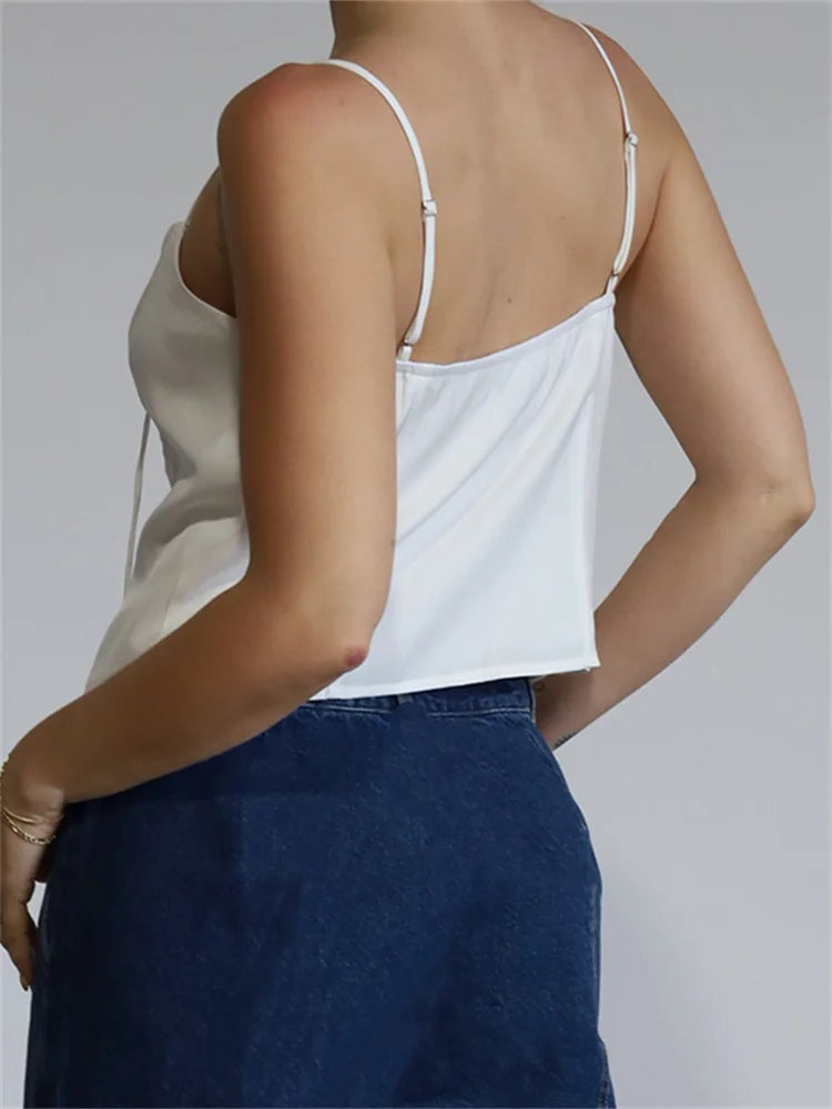 Vintage Women Front Split Tieup Fashion Sleeveless Strap V Neck Summer Party Low Cut Mini Vest Club Crop Top
