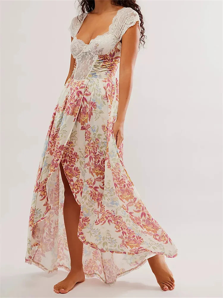 Vintage Women Lace Short Sleeve Casual Floral Print Backless Beach Party Split Summer Vestidos