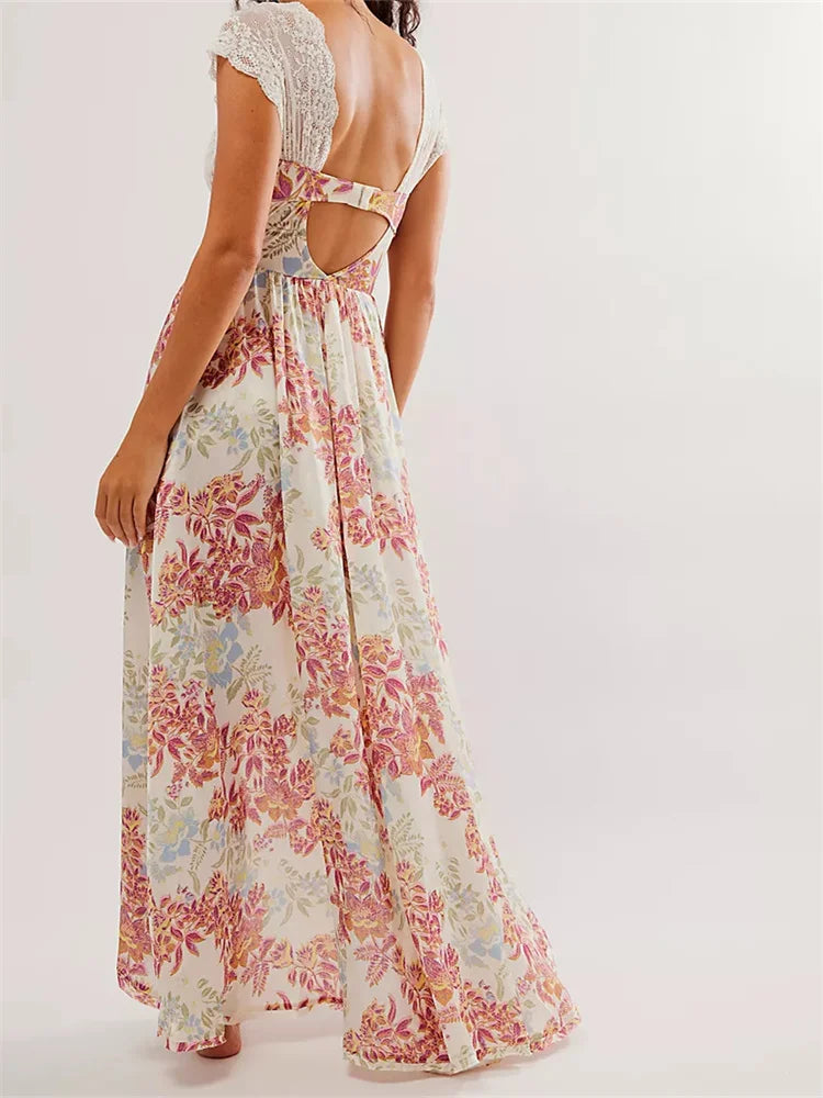 Vintage Women Lace Short Sleeve Casual Floral Print Backless Beach Party Split Summer Vestidos