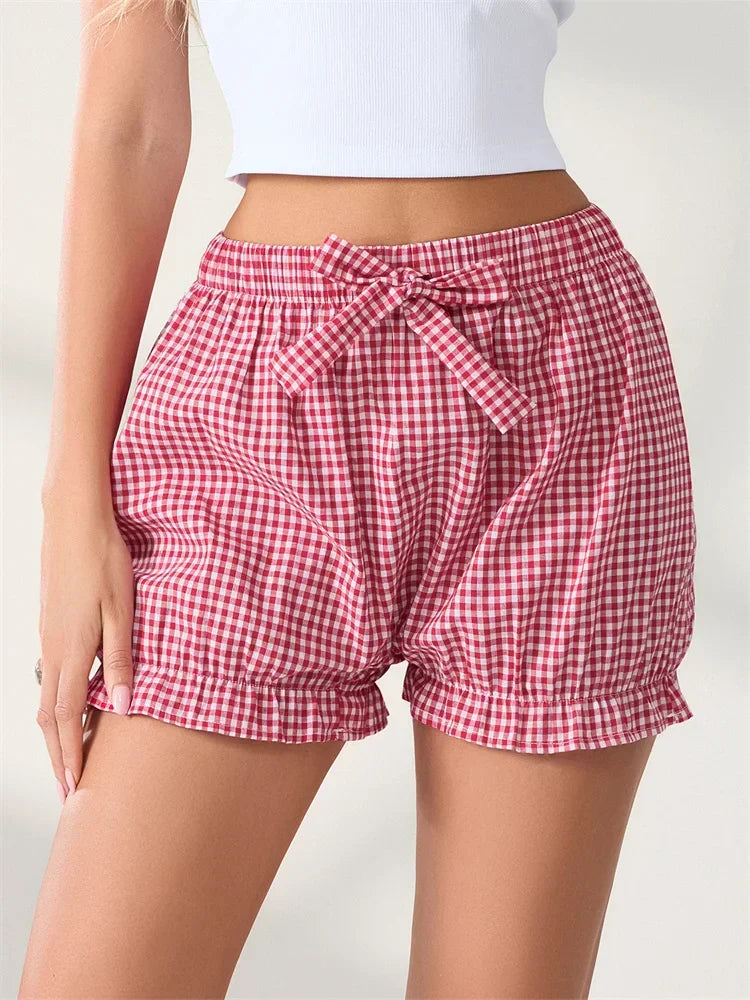 Bow Plaid Dots Bloomer Short red / S short-250223