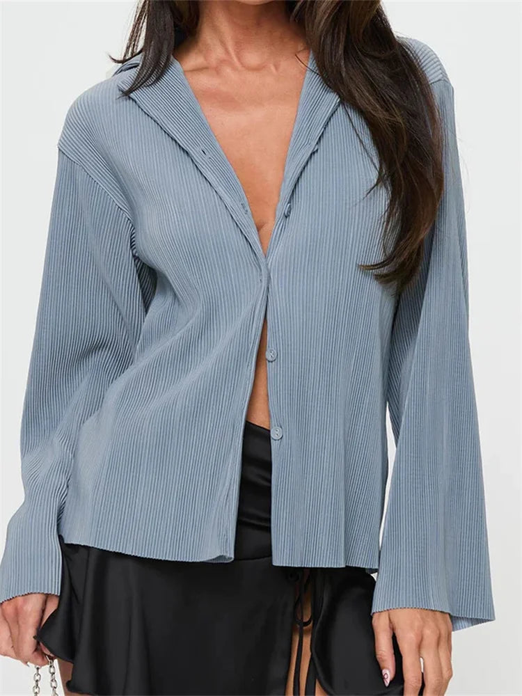 Pleated V-neck Button-Down Blouse blue / S blouse-250223