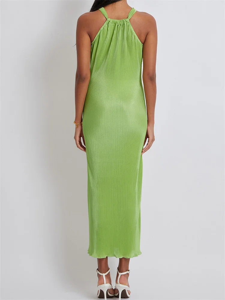 Women Cocktail Solid Color Halter Neck Sleeveless Off Shoulder Ruched Summer Evening Party Vestidos