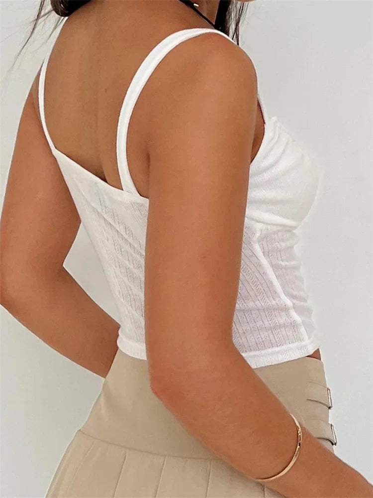 VNeck Bow Patchwork Backless Sleeveless Spaghetti Strap Lace Mini Vest Streetwear Crop Top