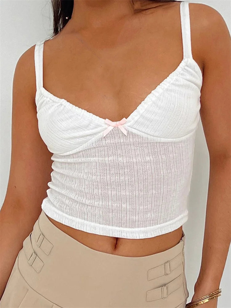 VNeck Bow Patchwork Backless Sleeveless Spaghetti Strap Lace Mini Vest Streetwear Crop Top