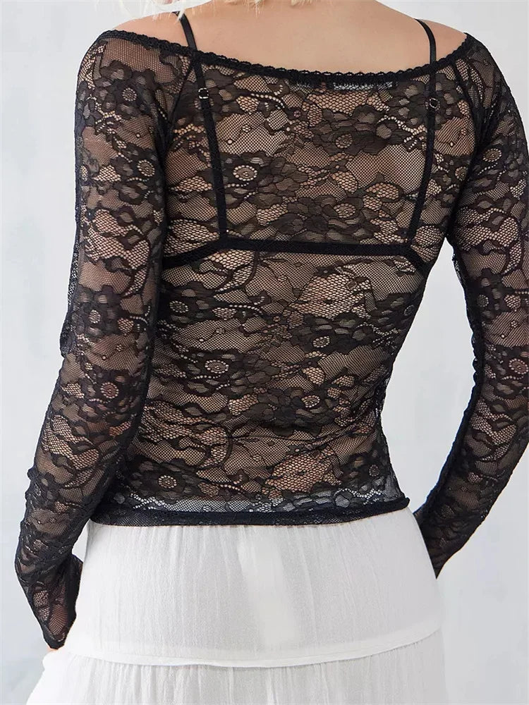 Sexy Mesh See Through V-Neck Fairy Grunge Lace T-Shirts