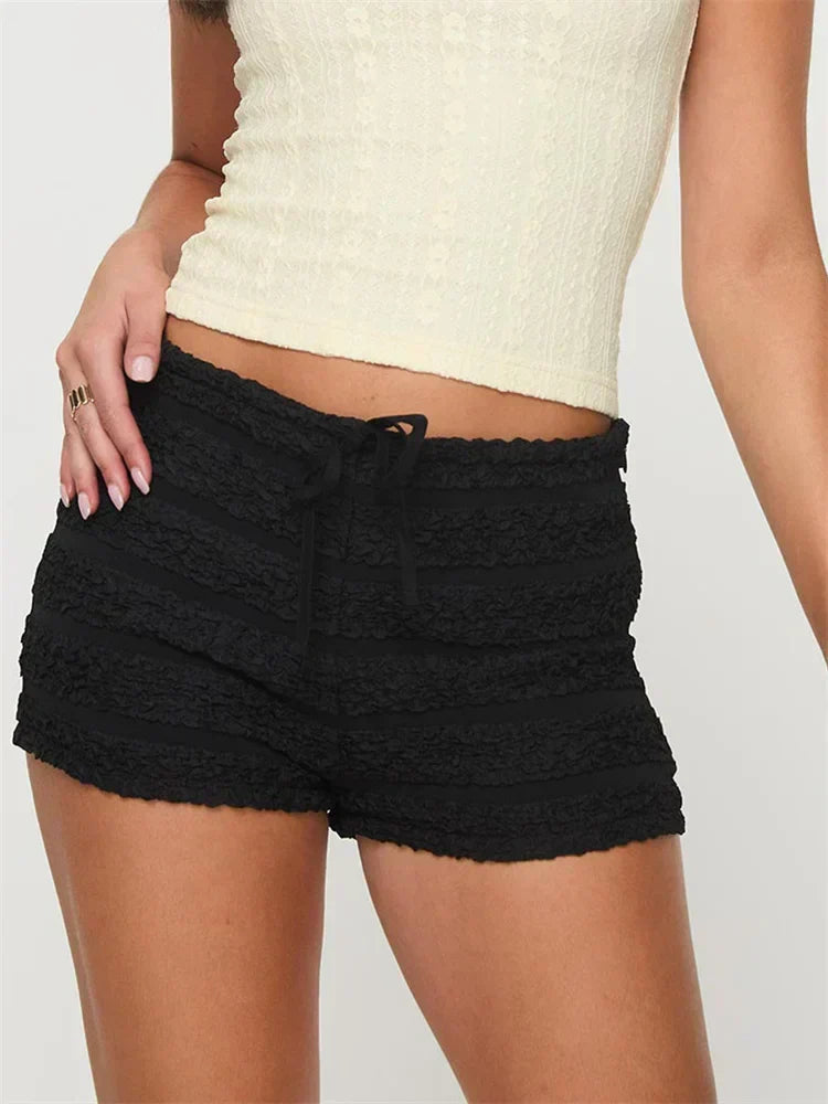 Ruffled Tie-Up Elastic Waist Short black / S short-250223