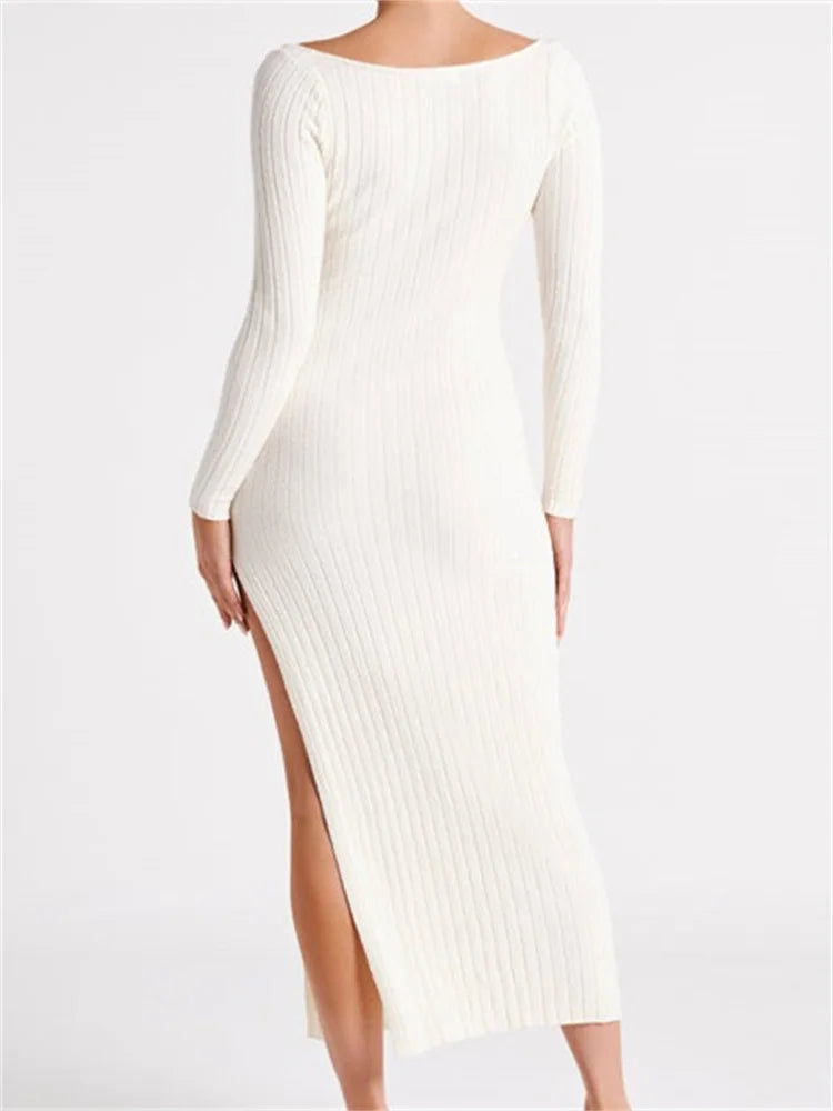 Women Knitted Bodycon Solid Color Ribbed Round Neck Sleeve Side Split Spring Fall Vestidos
