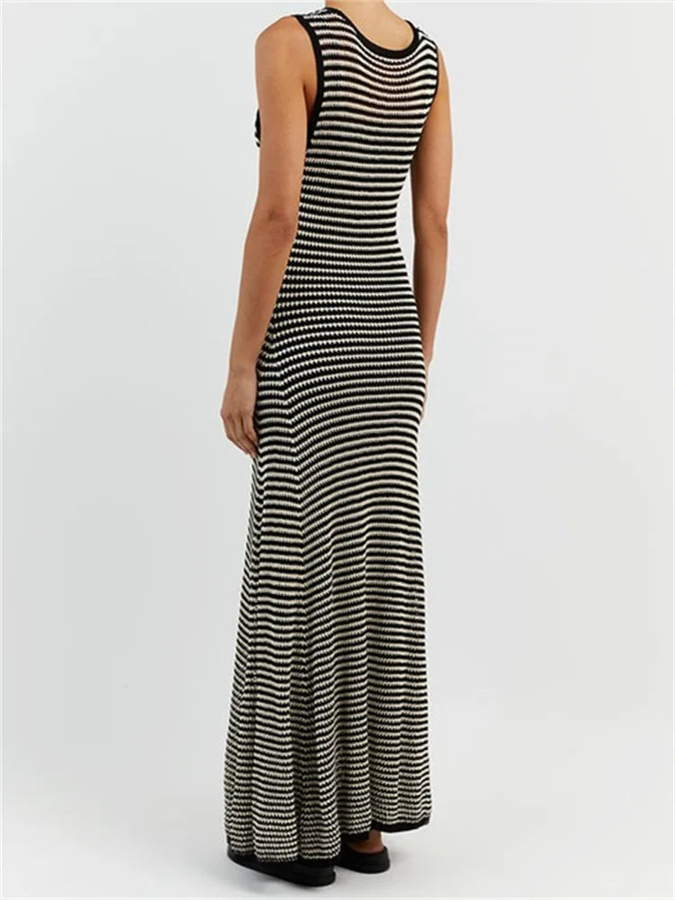 Women Knitted Sleeveless Round Neck Striped Slim Summer Club Party Female Vestidos Streetwear