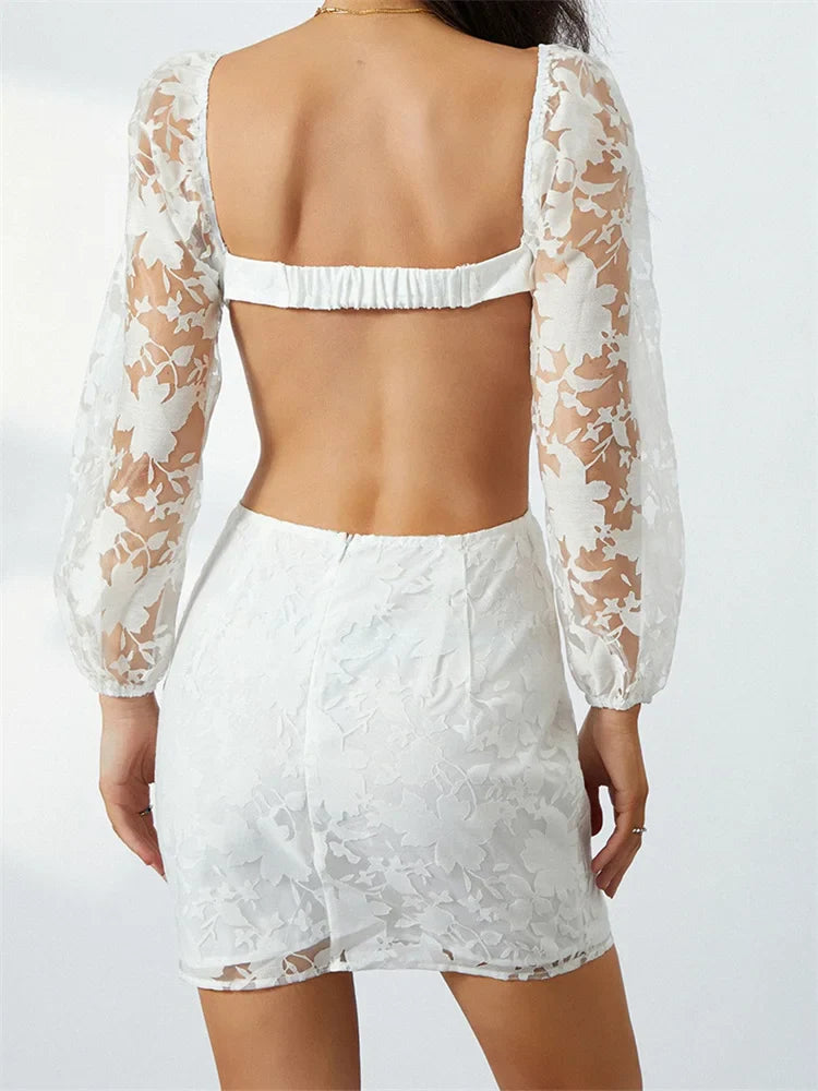 Long Sleeve V Neck Tieup Backless Floral See Through Mini Dresses