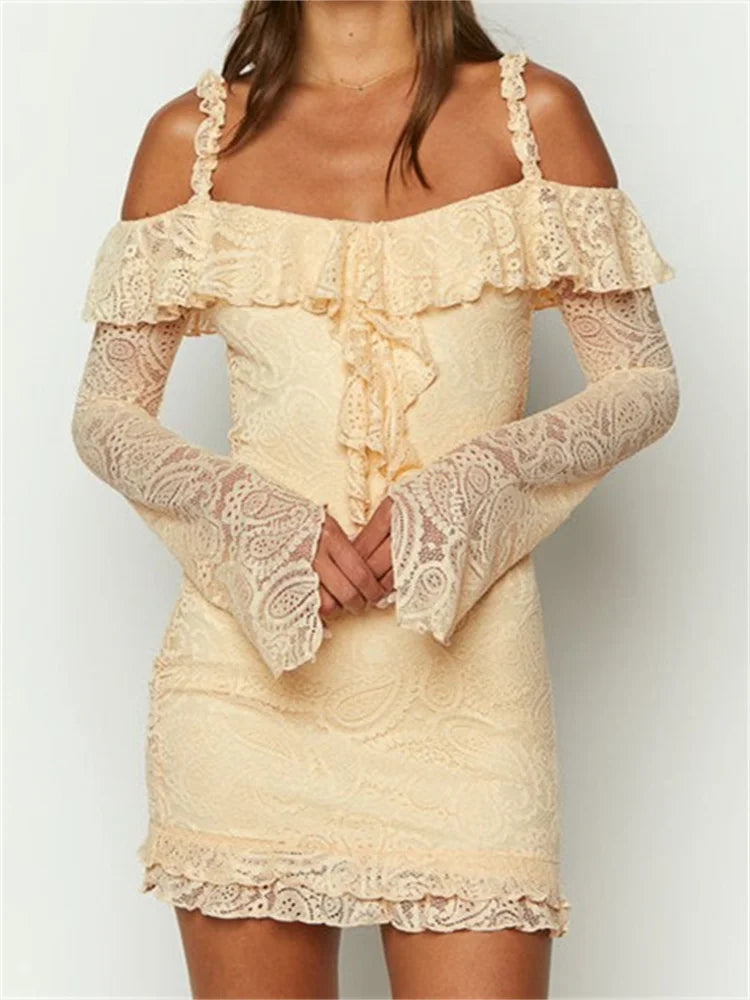 Romantic Lace OffShoulder Ruffled Mini Dresses