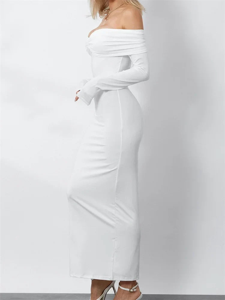 Women Ruched Slash Neck Off-shoulder Sleeve Solid Slim Fit Bodycon Cocktail Party Vestidos