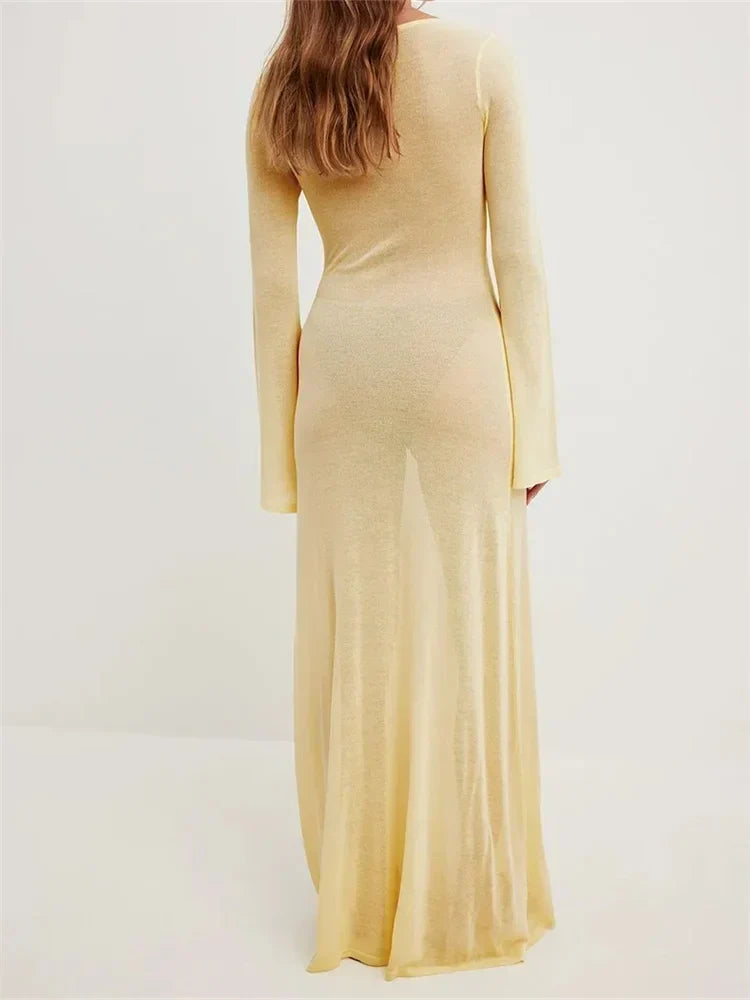 Women Vintage Sleeve V Neck See Through Slim Fit Solid Color Party Female Vestidos Streetwear
