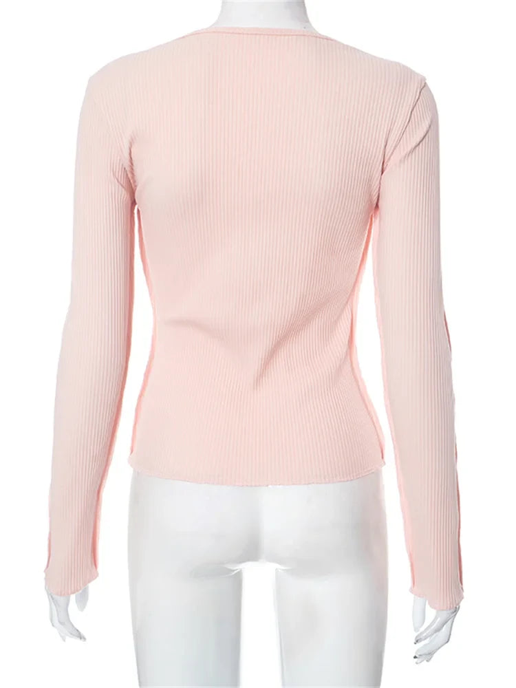 Long Sleeve Solid Color Slim Fit Ribbed Button Up T-shirts