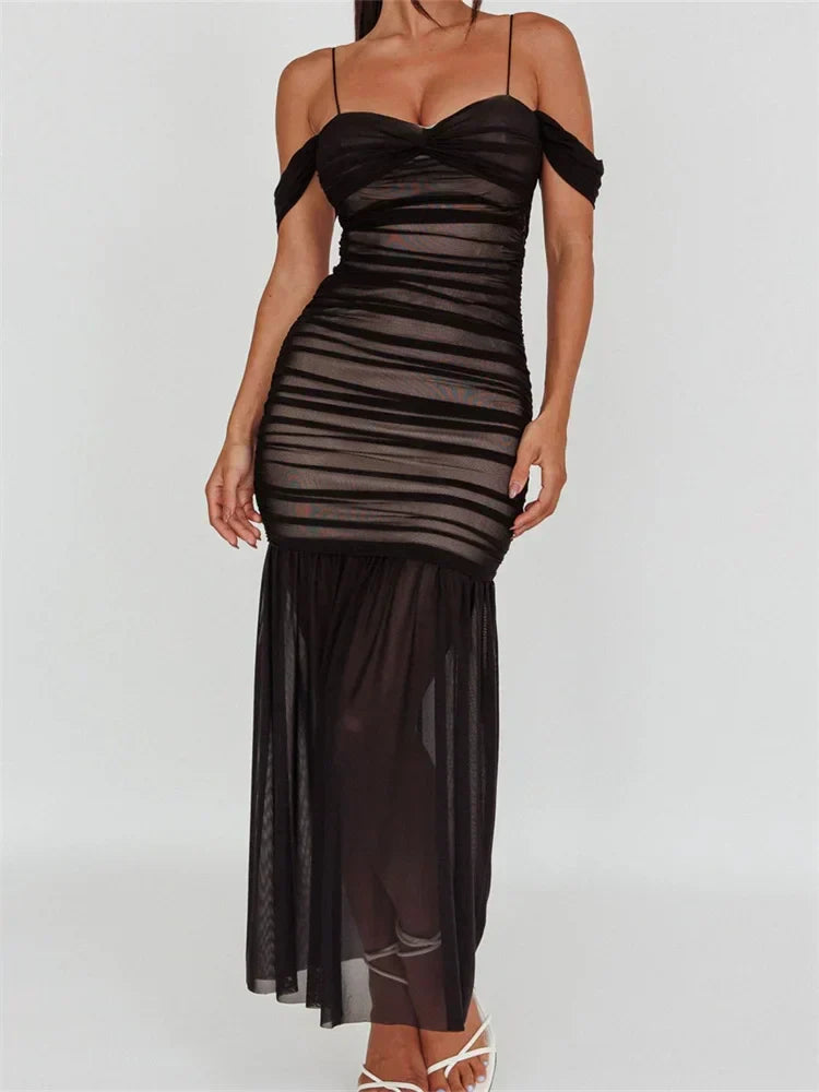 Women Mesh Sheer See Through Low Cut Off Shoulder Strap Backless Ruched Summer Party Vestidos