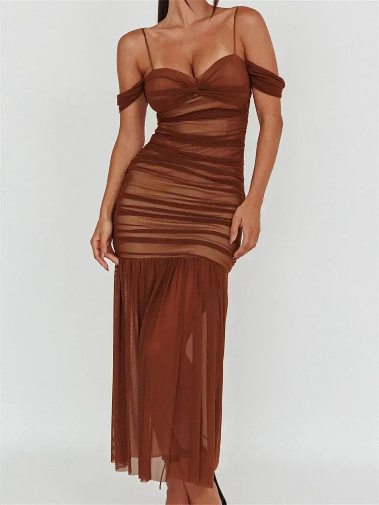 Women Mesh Sheer See Through Low Cut Off Shoulder Strap Backless Ruched Summer Party Vestidos