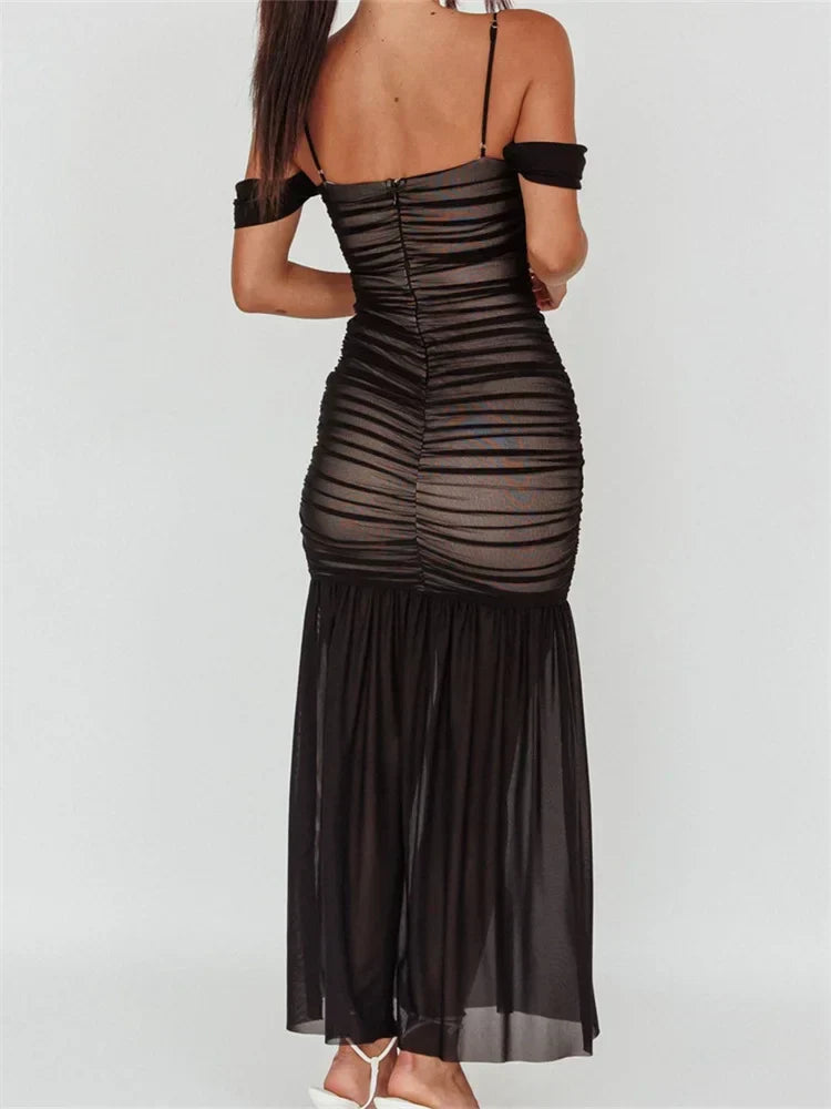 Women Mesh Sheer See Through Low Cut Off Shoulder Strap Backless Ruched Summer Party Vestidos