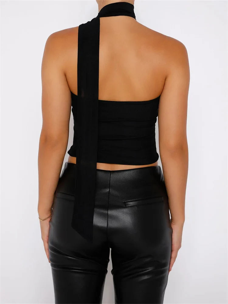 Sexy Y2K Tube Ruffles Halter Laceup Off Shoulder Backless Cropped Fairy Retro Vests Streetwear Crop Top