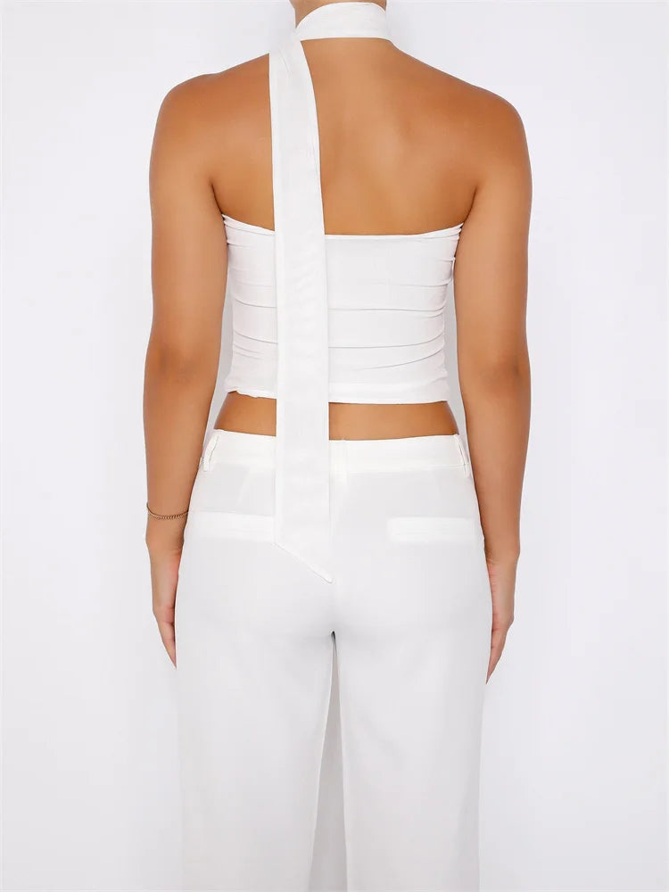 Sexy Y2K Tube Ruffles Halter Laceup Off Shoulder Backless Cropped Fairy Retro Vests Streetwear Crop Top