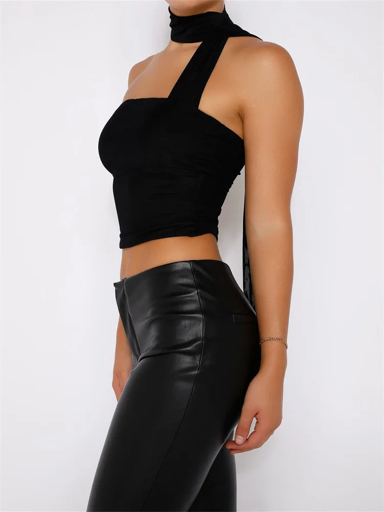 Sexy Y2K Tube Ruffles Halter Laceup Off Shoulder Backless Cropped Fairy Retro Vests Streetwear Crop Top
