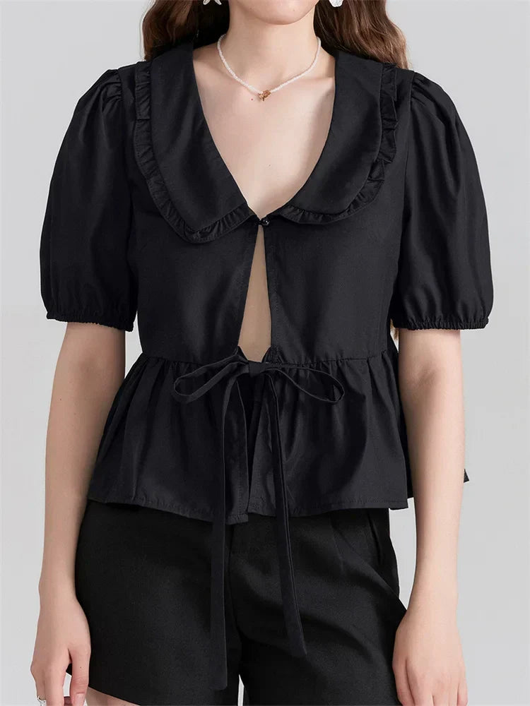 V-neck Front Bowknot Tie-Up Blouse black / S blouse-250223
