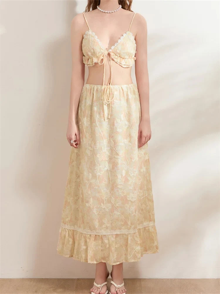 Backless Tie-up Camisoles Crop Top with Long Skirts Set BEIGE / S skirt-250126