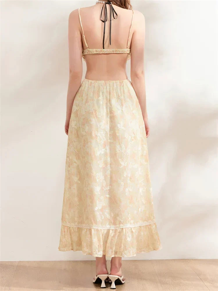 Backless Tie-up Camisoles Crop Top with Long Skirts Set