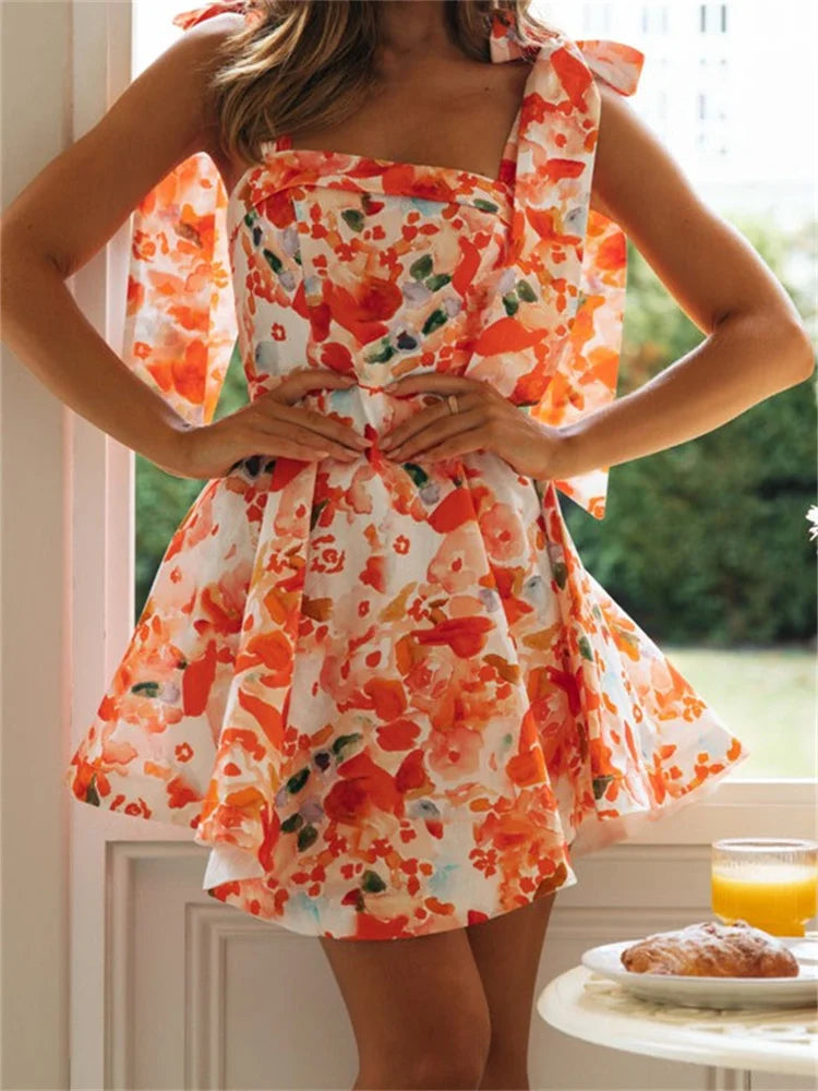 Flower Print Sleeveless TieUp Mini Dresses
