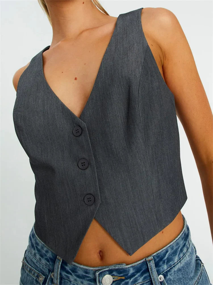 Women Sleeveless Vest Buttons Down Slim Fit Solid Color VNeck Cropped Y2K Casual Irregular Hem Streetwear Crop Top