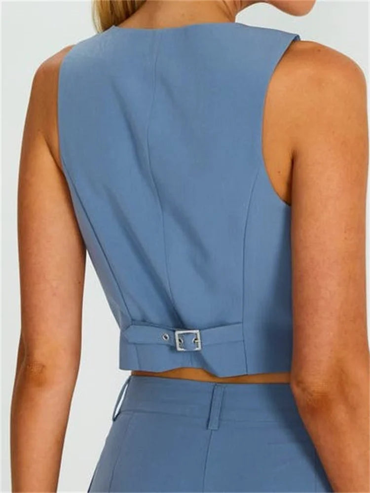 Women Sleeveless Vest Buttons Down Slim Fit Solid Color VNeck Cropped Y2K Casual Irregular Hem Streetwear Crop Top