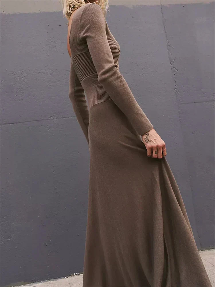 Women Spring Fall Casual Solid Color Square Neck Sleeve Knitted Pleated Fashion Holiday Vestido