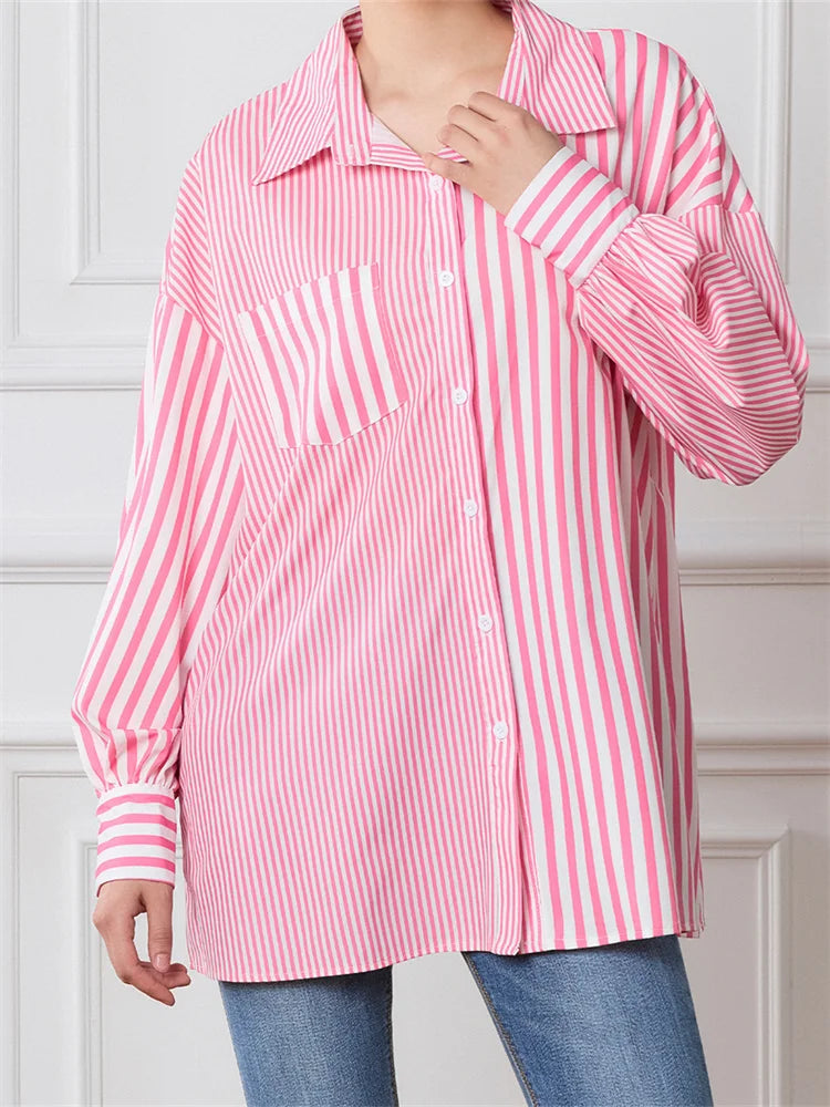 Striped Patchwork Button-Down Blouse pink / S blouse-250223