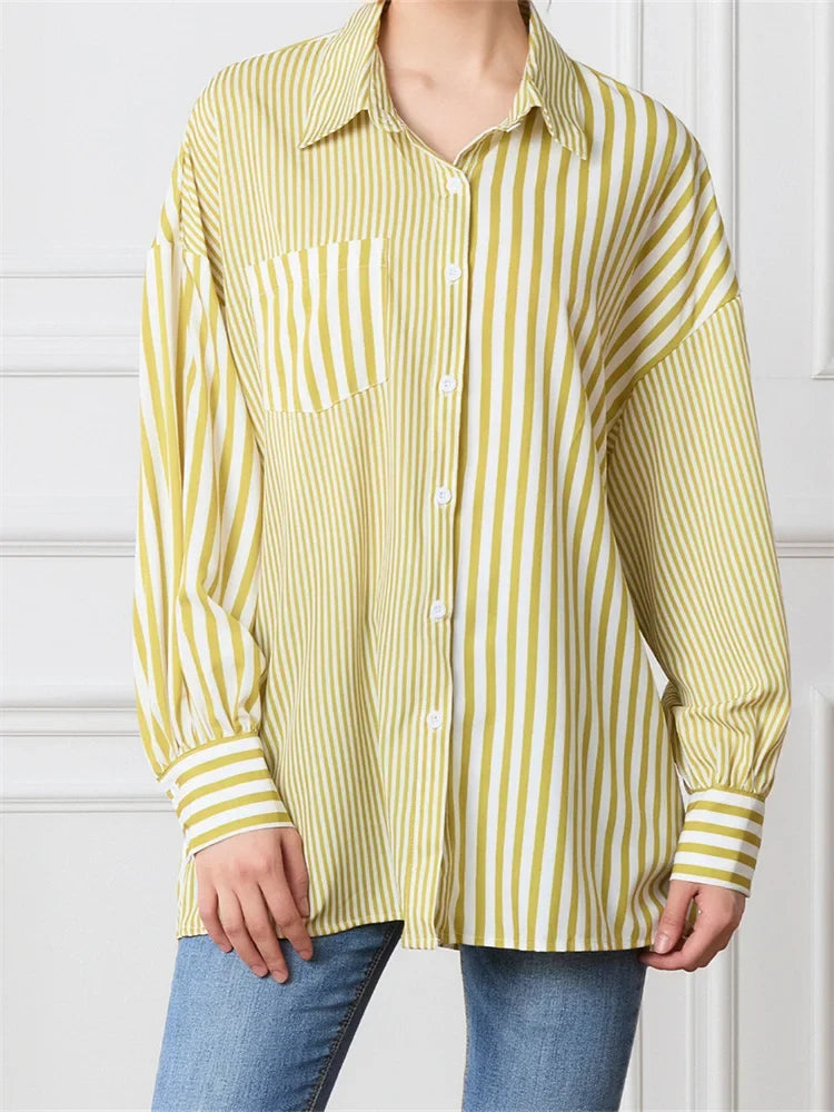 Striped Patchwork Button-Down Blouse yellow / S blouse-250223