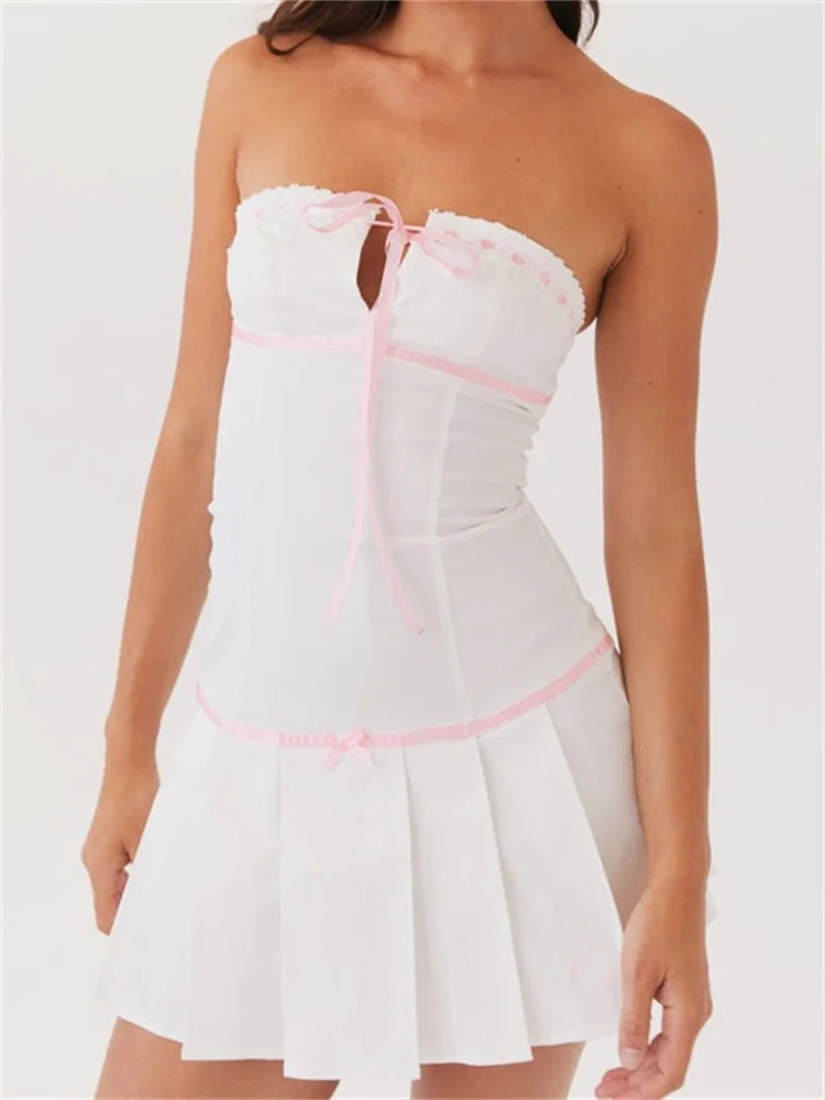 Contrast Color Strapless Bow Front TieUp Mini Dresses
