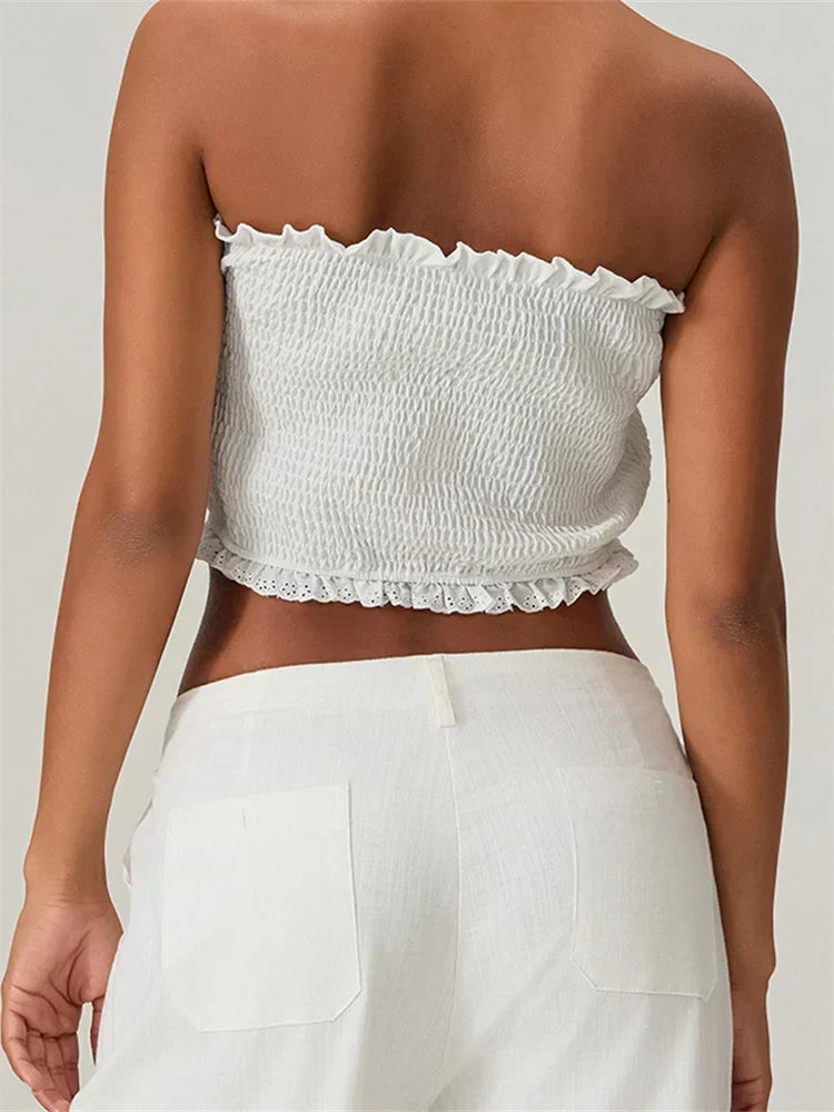 Tube Bow Lace Trim Ruched Plaid Crop Top