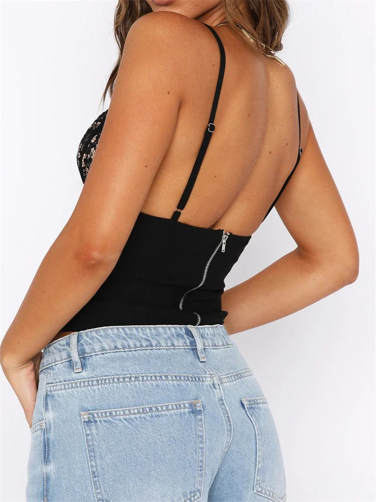 Y2K Lace Patchwork Strap Bustiers聽Corsets聽Sleeveless Deep Vneck Vests Streetwear Crop Top