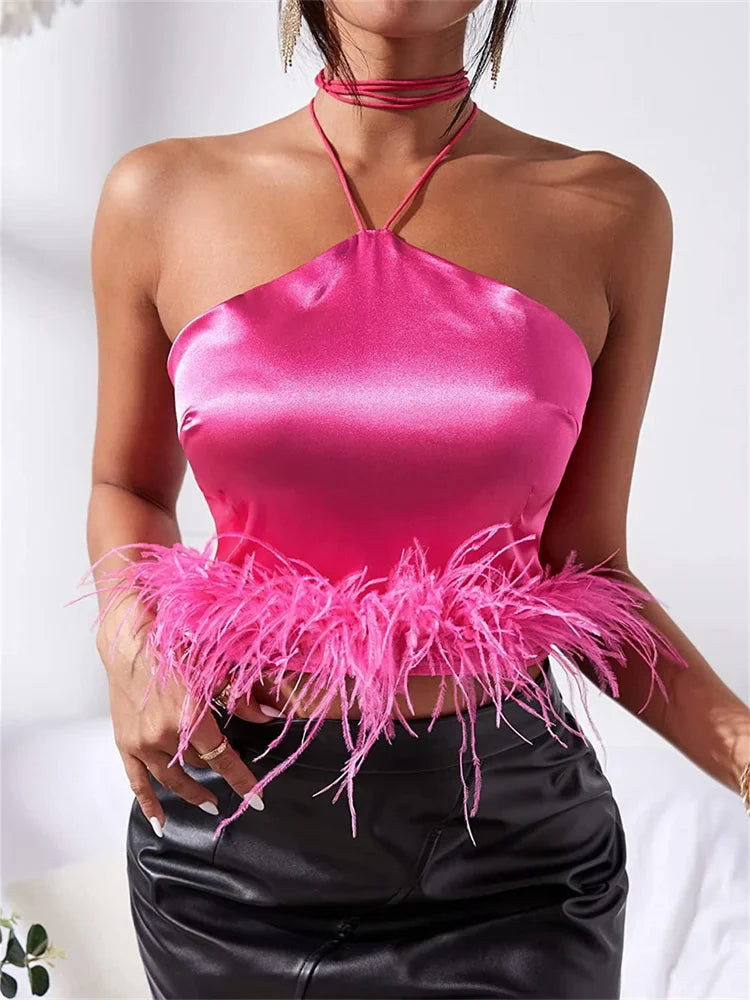 Y2K Sexy Women Vest Sleeveless Off Shoulder Halter Tieup Backless Feather Patchwork Summer Tube Club Party Tank Crop Top
